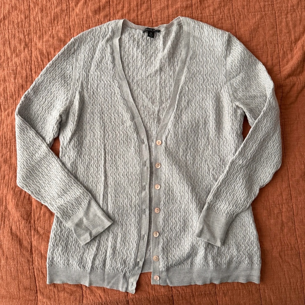 Lafayette 148 New York Cable Knit Cardigan Sweater M Gray 100% Wool Academia